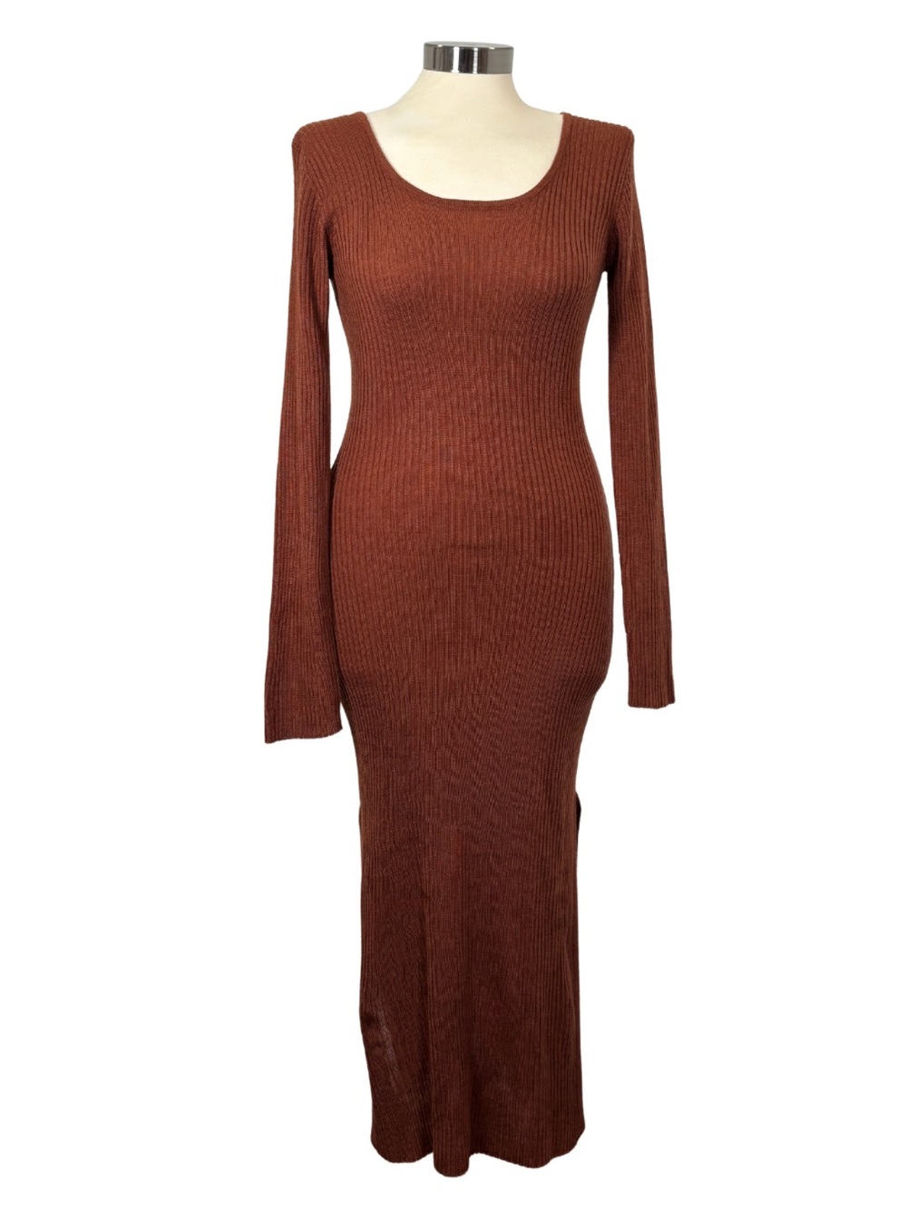 Showpo Rust Ribbed Long Sleeve Maxi Dress